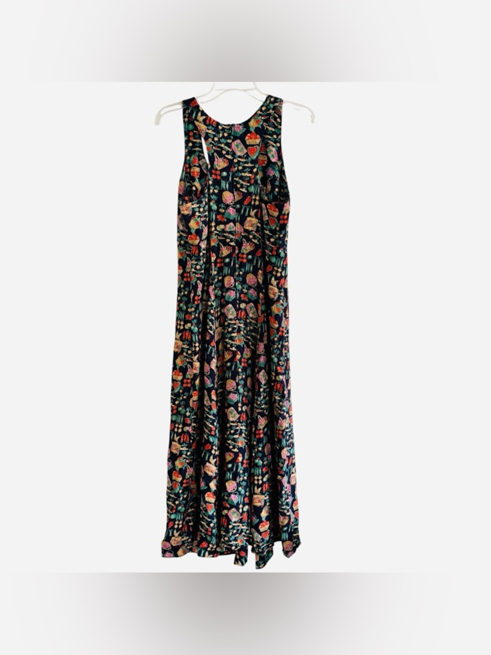 Vtg 90s Farmer’s Market Maxi Dress Vegetables Berries Fruits Navy Novelty 12 - Picture 3 of 10